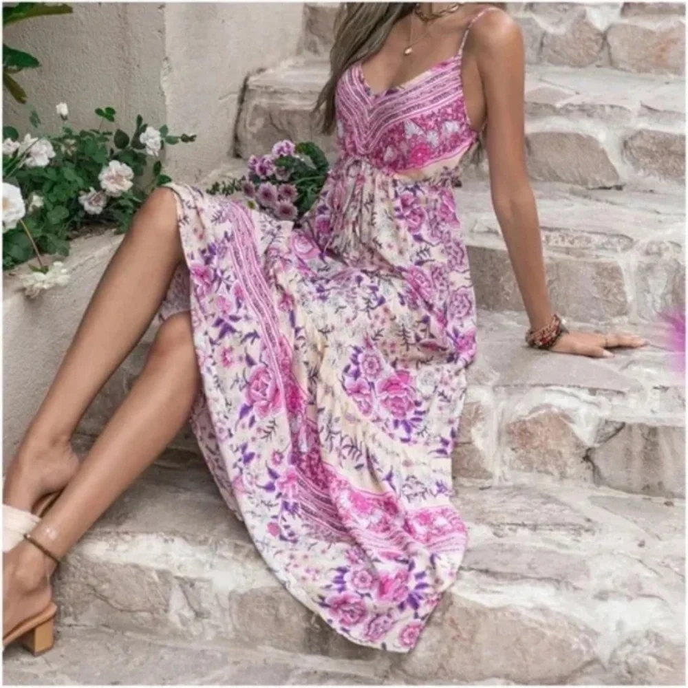 Boho Floral Print Cottagecore Cami maxi Dress - Picture 5 of 8